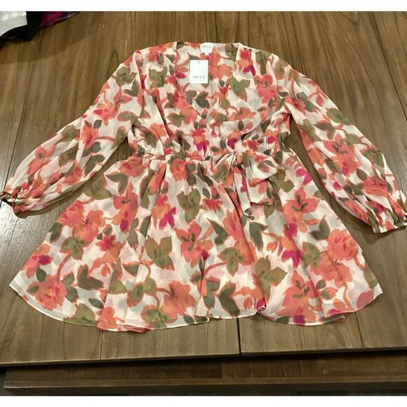 MISA Caria sonora flora Blouson Sleeve Tie Waist Mini Dress Floral Multicolor L - Picture 7 of 12